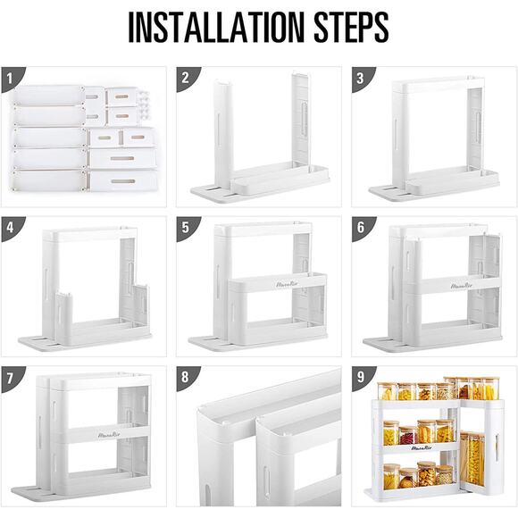 2 Tier Pull Out and Rotate Spice Rack Seasoning Storage Holder Cabinet Shelf - Picture 3 of 12
